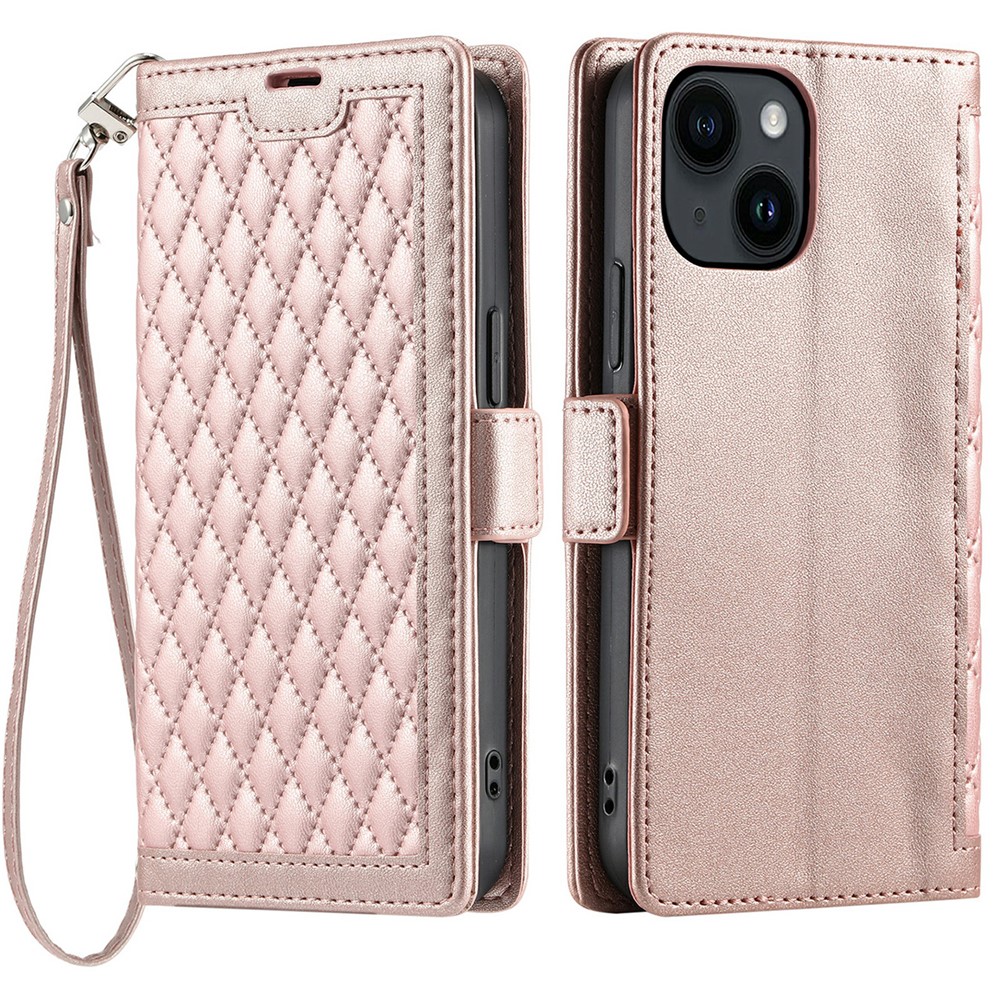 For iPhone 14  /  13 Leather Case Rhombus Texture Wallet Stand Phone Cover with Wrist Strap - Rose Gold