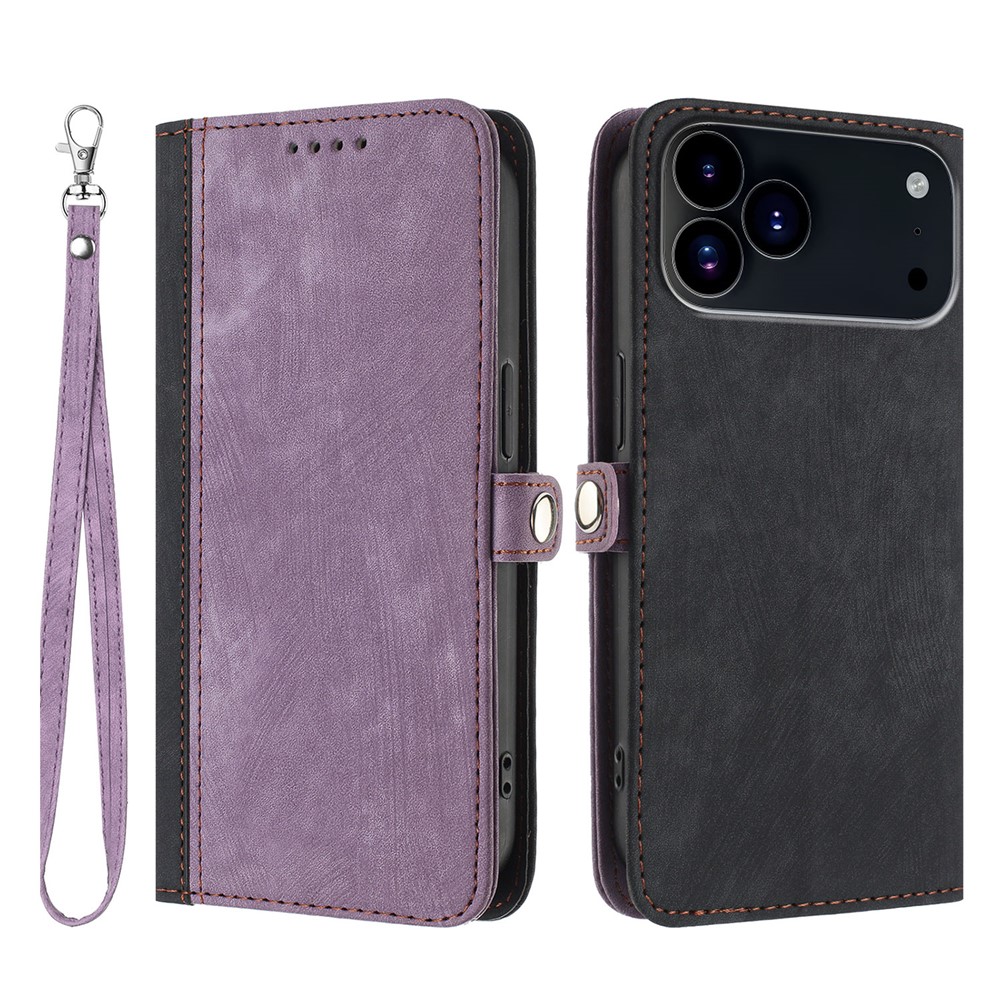 For iPhone 17 Pro Max PU Leather Case with Strap Phone Cover Stand Side Magnetic Button Design - Black+Purple