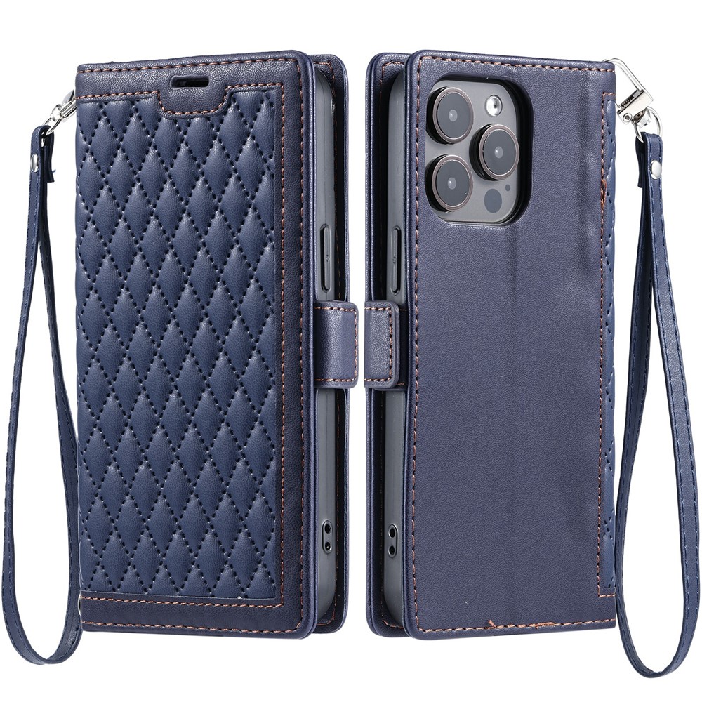 For iPhone 13 Pro Leather Case Rhombus Texture Wallet Stand Phone Cover with Wrist Strap - Blue