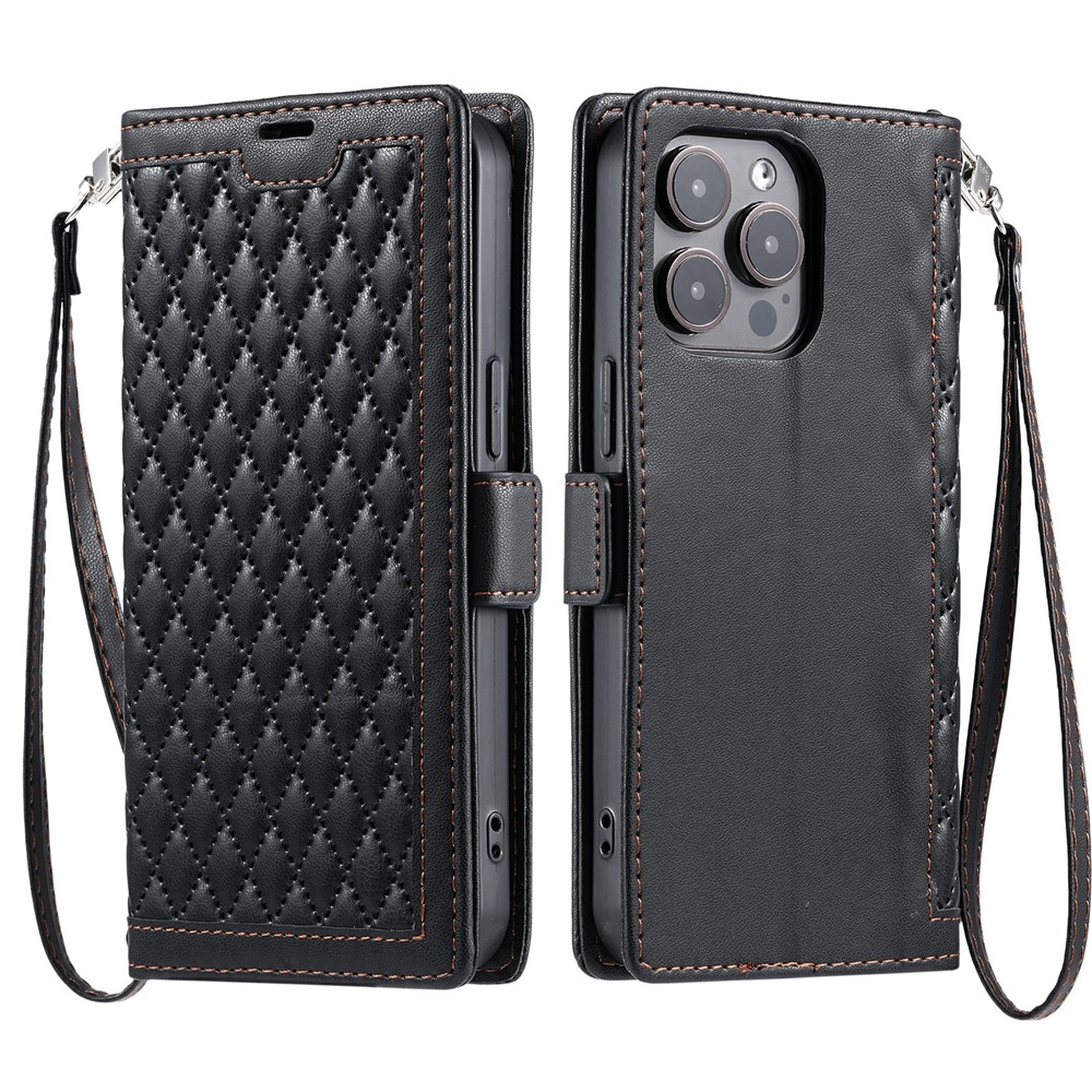 For iPhone 13 Pro Max Leather Case Rhombus Texture Wallet Stand Phone Cover with Wrist Strap - Black