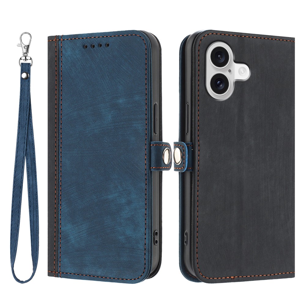 For iPhone 17 PU Leather Case with Strap Phone Cover Stand Side Magnetic Button Design - Black+Royal Blue