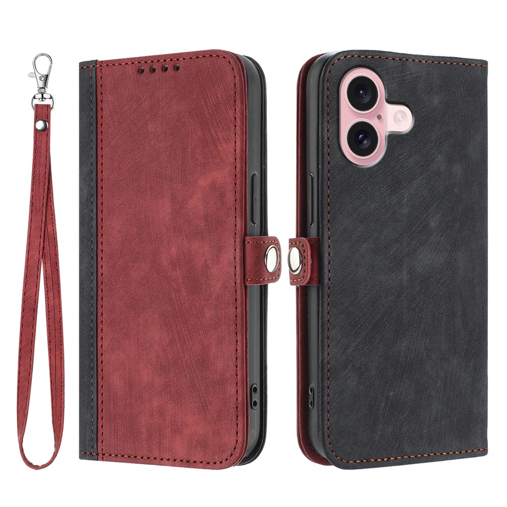 For iPhone 17 PU Leather Case with Strap Phone Cover Stand Side Magnetic Button Design - Black+Red