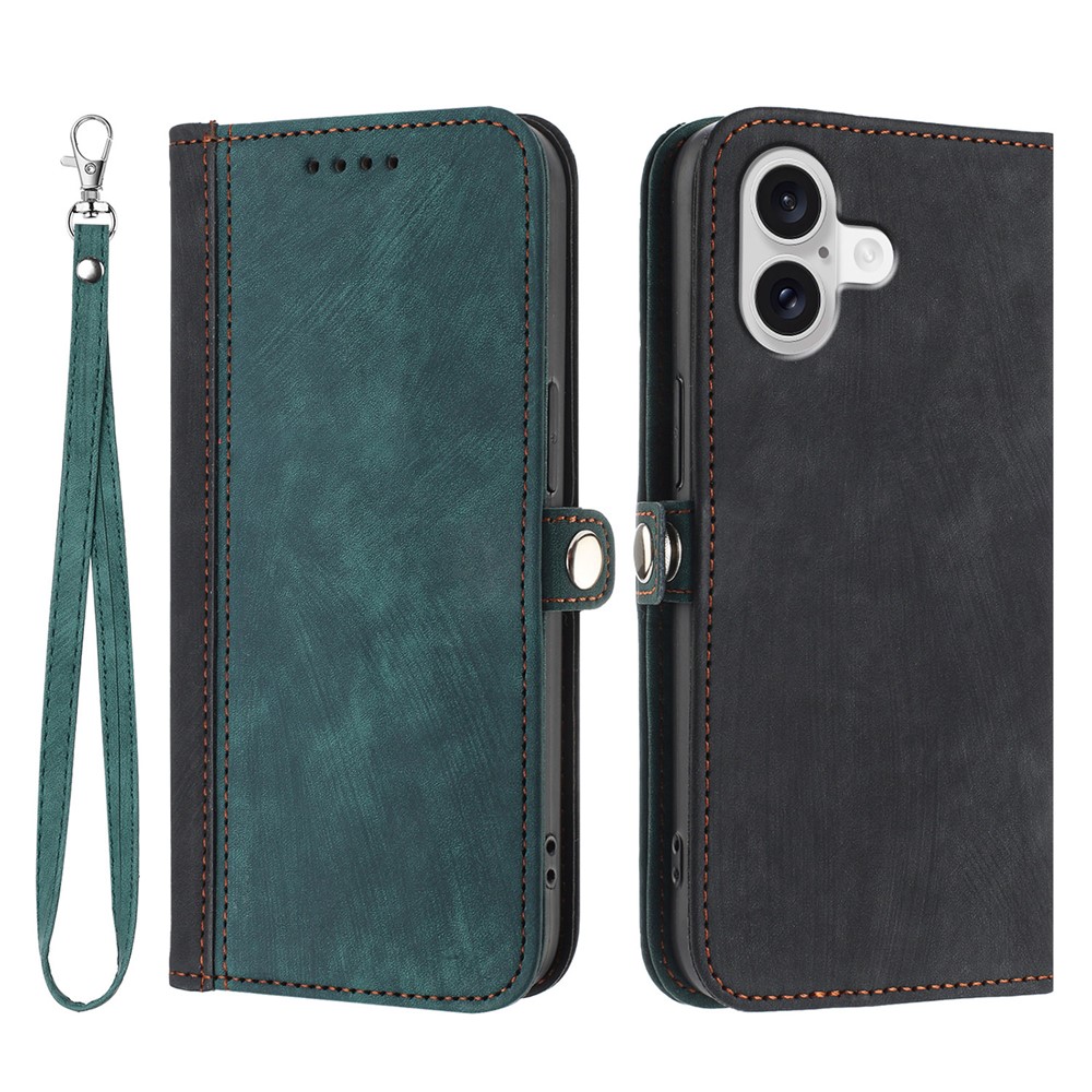 For iPhone 17 PU Leather Case with Strap Phone Cover Stand Side Magnetic Button Design - Black+Dark Green