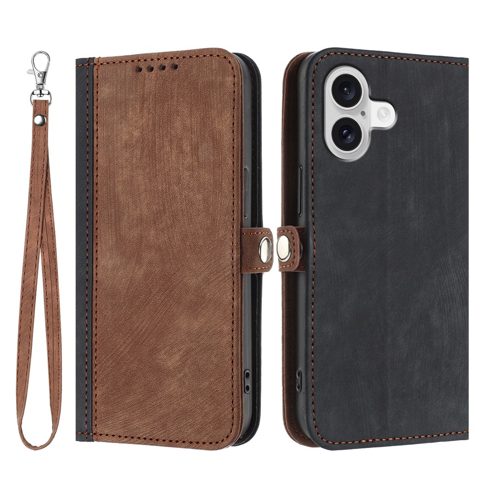 For iPhone 17 PU Leather Case with Strap Phone Cover Stand Side Magnetic Button Design - Black+Coffee