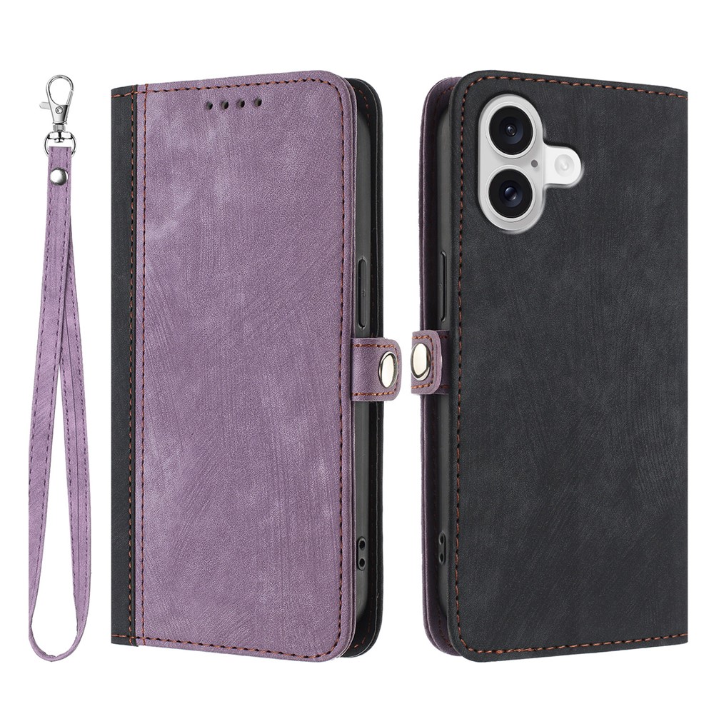 For iPhone 17 PU Leather Case with Strap Phone Cover Stand Side Magnetic Button Design - Black+Purple