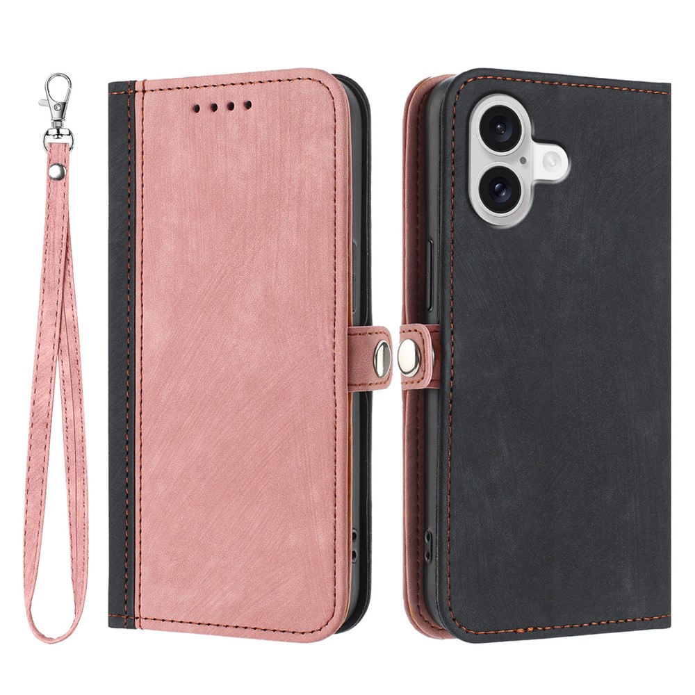 For iPhone 17 PU Leather Case with Strap Phone Cover Stand Side Magnetic Button Design - Black+Pink