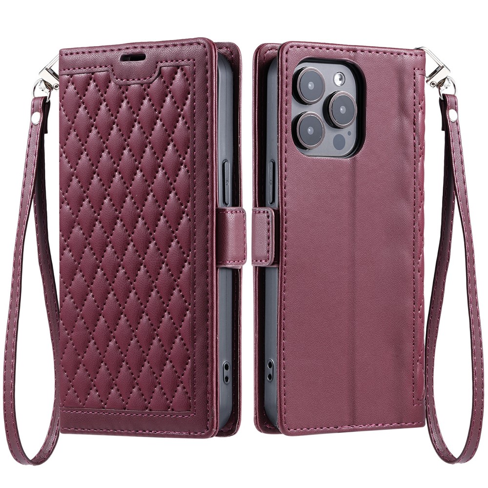 For iPhone 14 Pro Leather Case Rhombus Texture Wallet Stand Phone Cover with Wrist Strap - Wine Red