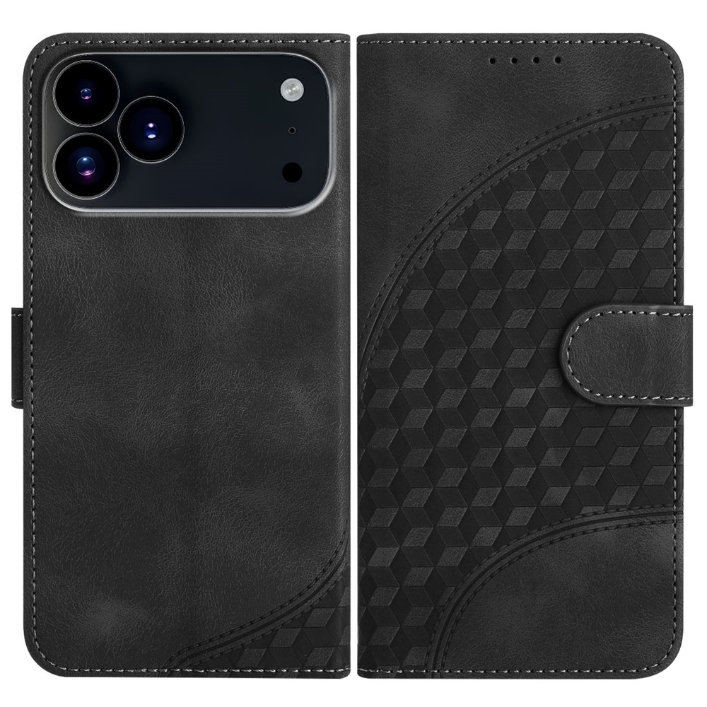 For iPhone 17 Pro Leather Case with Wrist Strap Diamond Imprint Wallet Phone Cover - Black