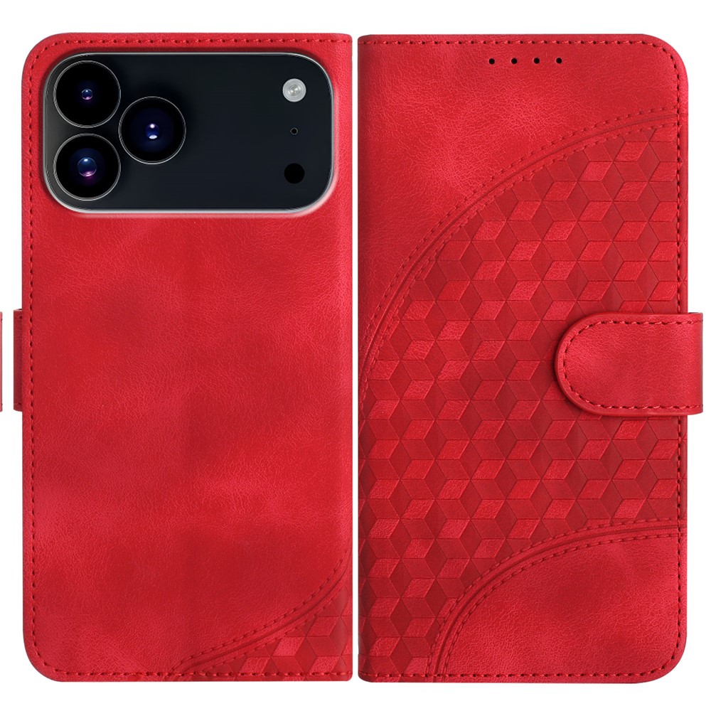 For iPhone 17 Pro Leather Case with Wrist Strap Diamond Imprint Wallet Phone Cover - Red