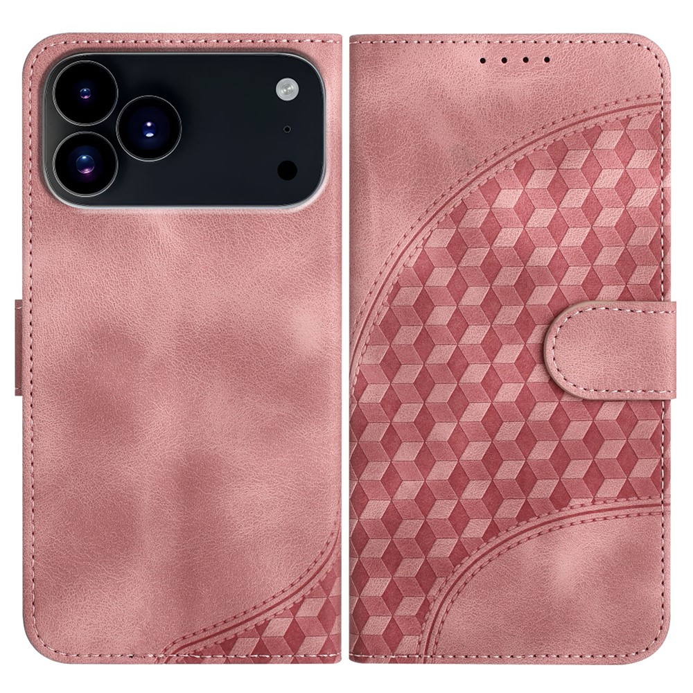 For iPhone 17 Pro Leather Case with Wrist Strap Diamond Imprint Wallet Phone Cover - Pink