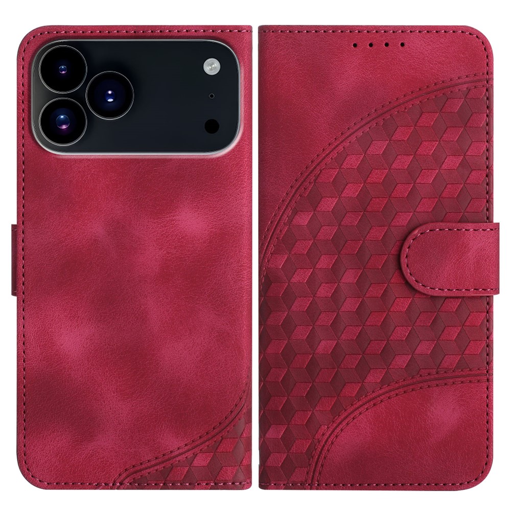 For iPhone 17 Pro Max Leather Case with Wrist Strap Diamond Imprint Wallet Phone Cover - Rose Red