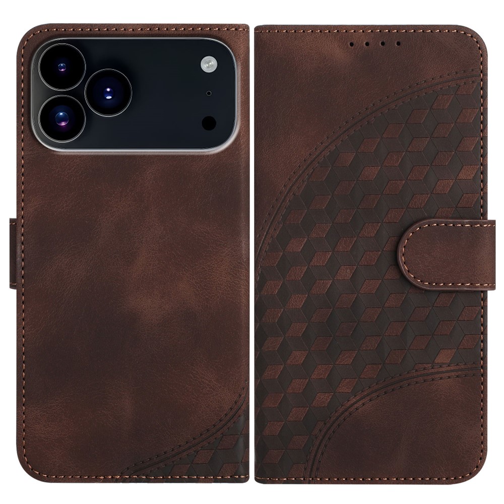 For iPhone 17 Pro Max Leather Case with Wrist Strap Diamond Imprint Wallet Phone Cover - Coffee