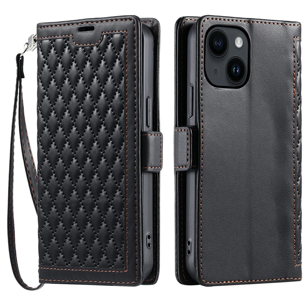 For iPhone 15 Leather Case Rhombus Texture Wallet Stand Phone Cover with Wrist Strap - Black
