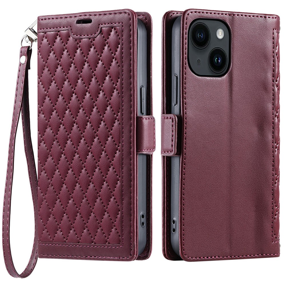 For iPhone 15 Leather Case Rhombus Texture Wallet Stand Phone Cover with Wrist Strap - Wine Red