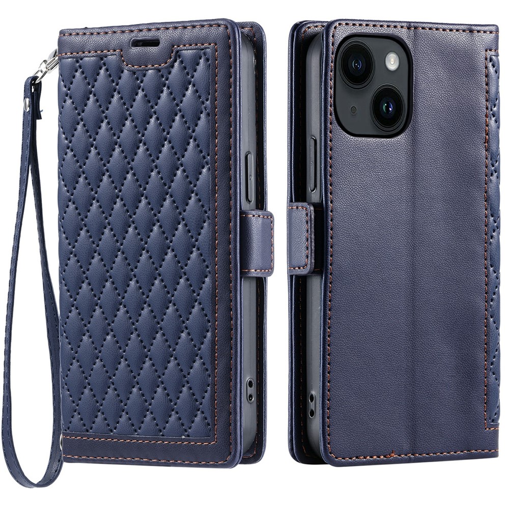 For iPhone 15 Leather Case Rhombus Texture Wallet Stand Phone Cover with Wrist Strap - Blue