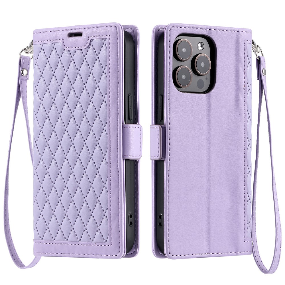 For iPhone 15 Pro Leather Case Rhombus Texture Wallet Stand Phone Cover with Wrist Strap - Purple