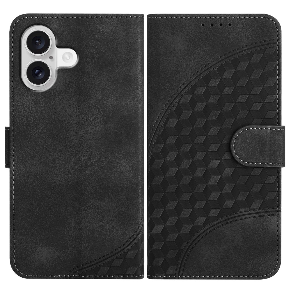 For iPhone 17 Leather Case with Wrist Strap Diamond Imprint Wallet Phone Cover - Black