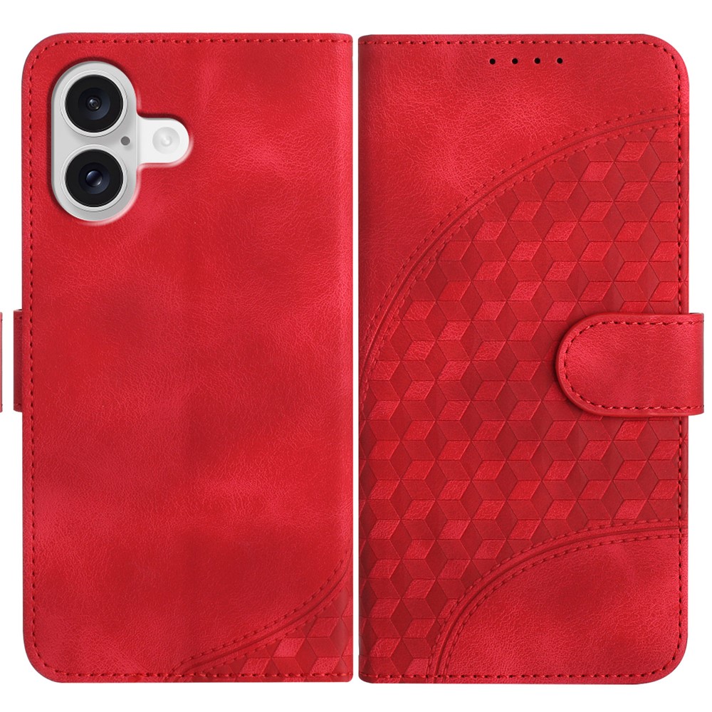 For iPhone 17 Leather Case with Wrist Strap Diamond Imprint Wallet Phone Cover - Red