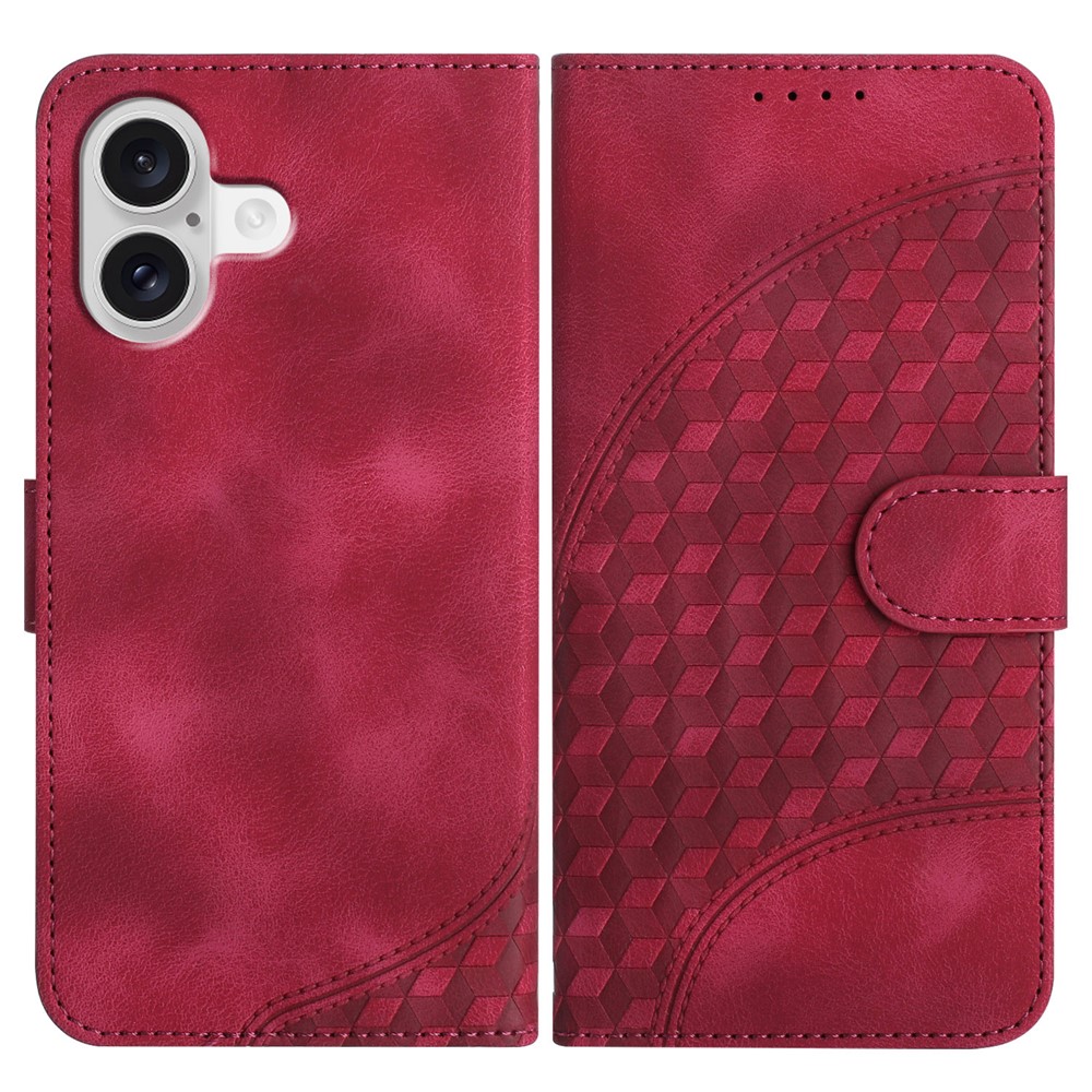 For iPhone 17 Leather Case with Wrist Strap Diamond Imprint Wallet Phone Cover - Rose Red