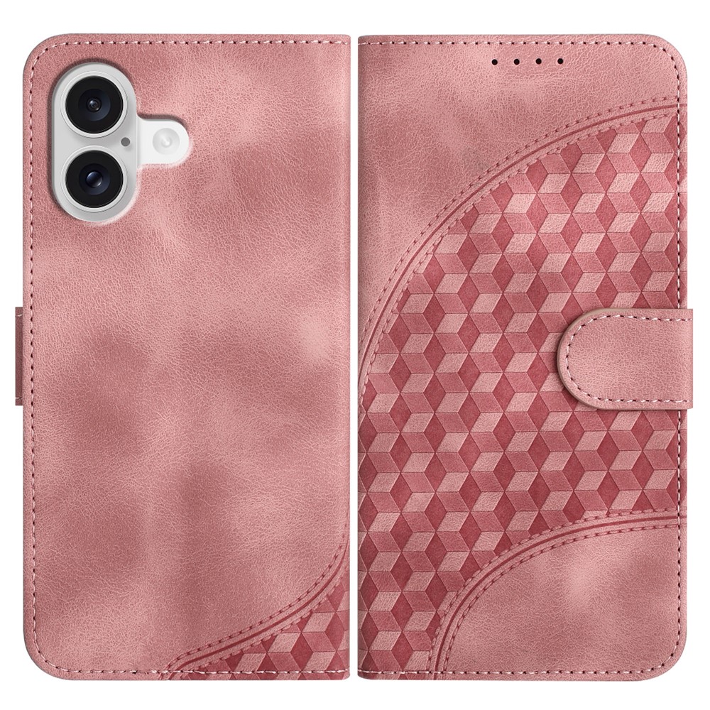For iPhone 17 Leather Case with Wrist Strap Diamond Imprint Wallet Phone Cover - Pink