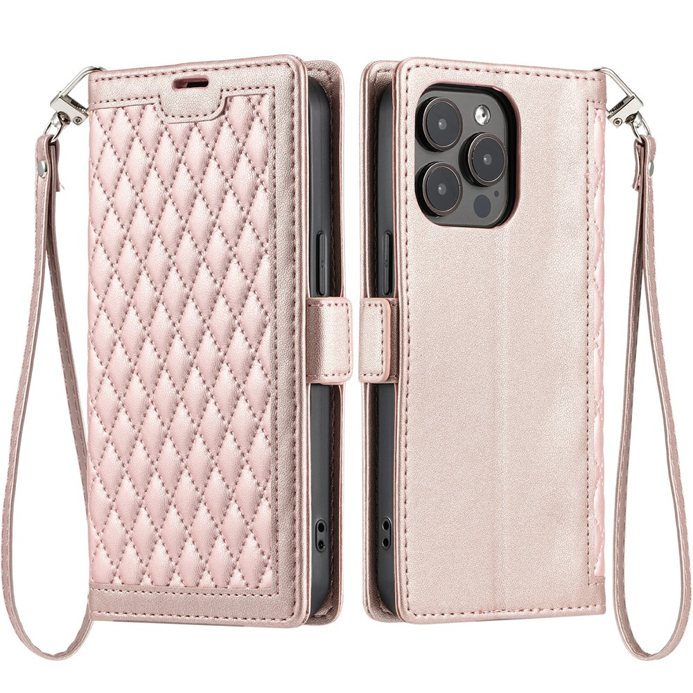 For iPhone 15 Pro Max Leather Case Rhombus Texture Wallet Stand Phone Cover with Wrist Strap - Rose Gold