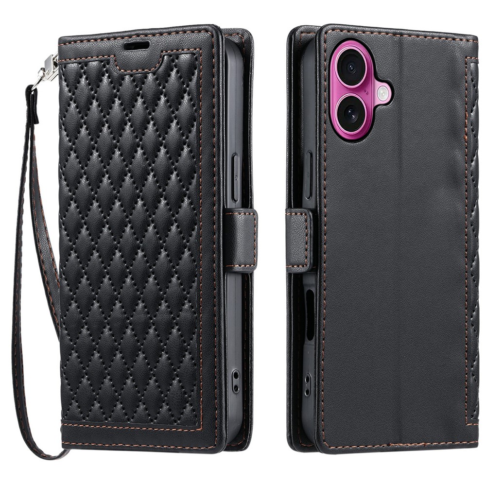 For iPhone 16 Plus Leather Case Rhombus Texture Wallet Stand Phone Cover with Wrist Strap - Black