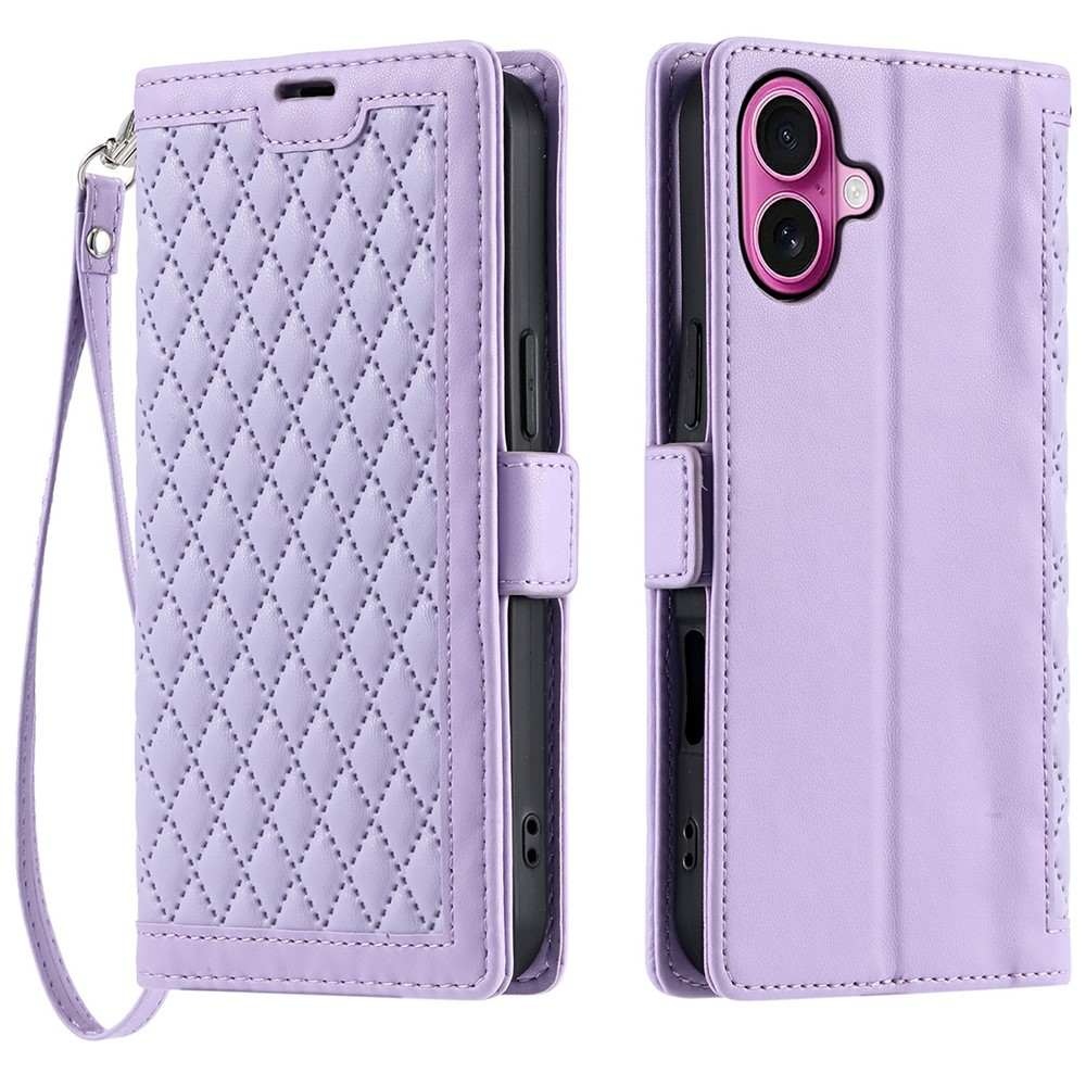 For iPhone 16 Plus Leather Case Rhombus Texture Wallet Stand Phone Cover with Wrist Strap - Purple