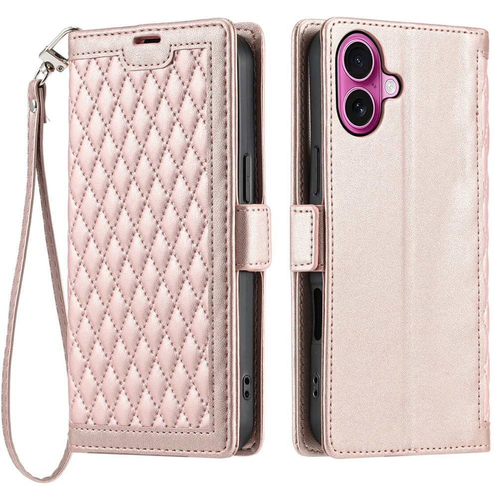 For iPhone 16 Plus Leather Case Rhombus Texture Wallet Stand Phone Cover with Wrist Strap - Rose Gold