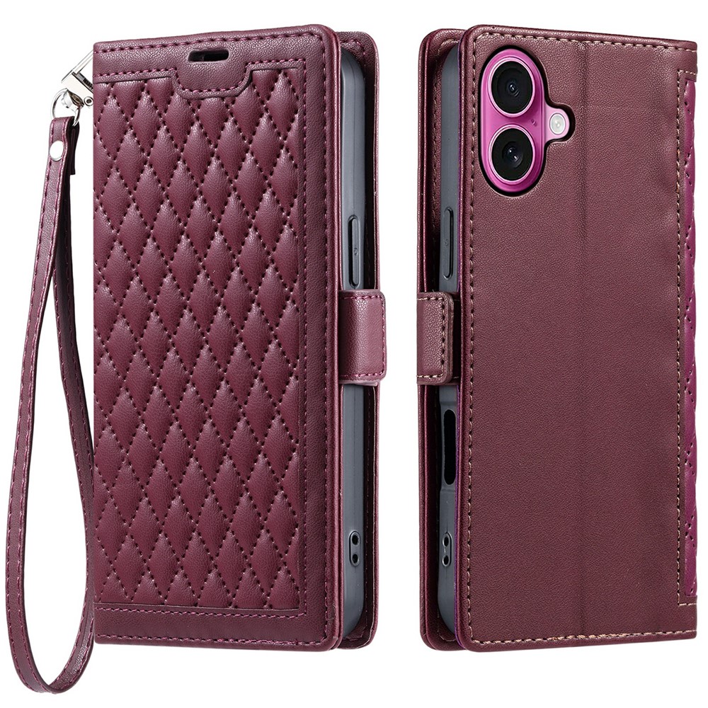 For iPhone 16 Plus Leather Case Rhombus Texture Wallet Stand Phone Cover with Wrist Strap - Wine Red