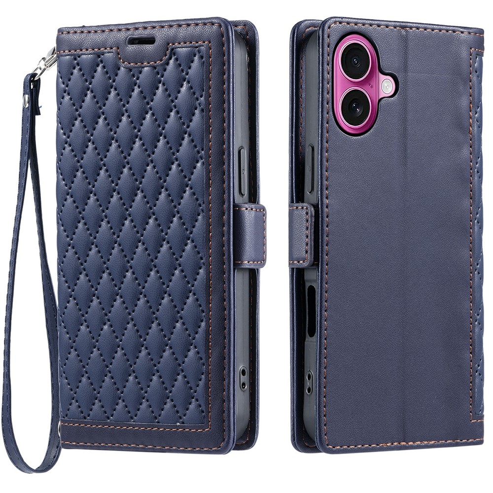 For iPhone 16 Plus Leather Case Rhombus Texture Wallet Stand Phone Cover with Wrist Strap - Blue