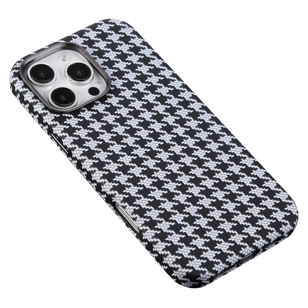 For iPhone 16 Pro Max Magnetic Case Houndstooth Pattern Leather + PC Phone Cover - White