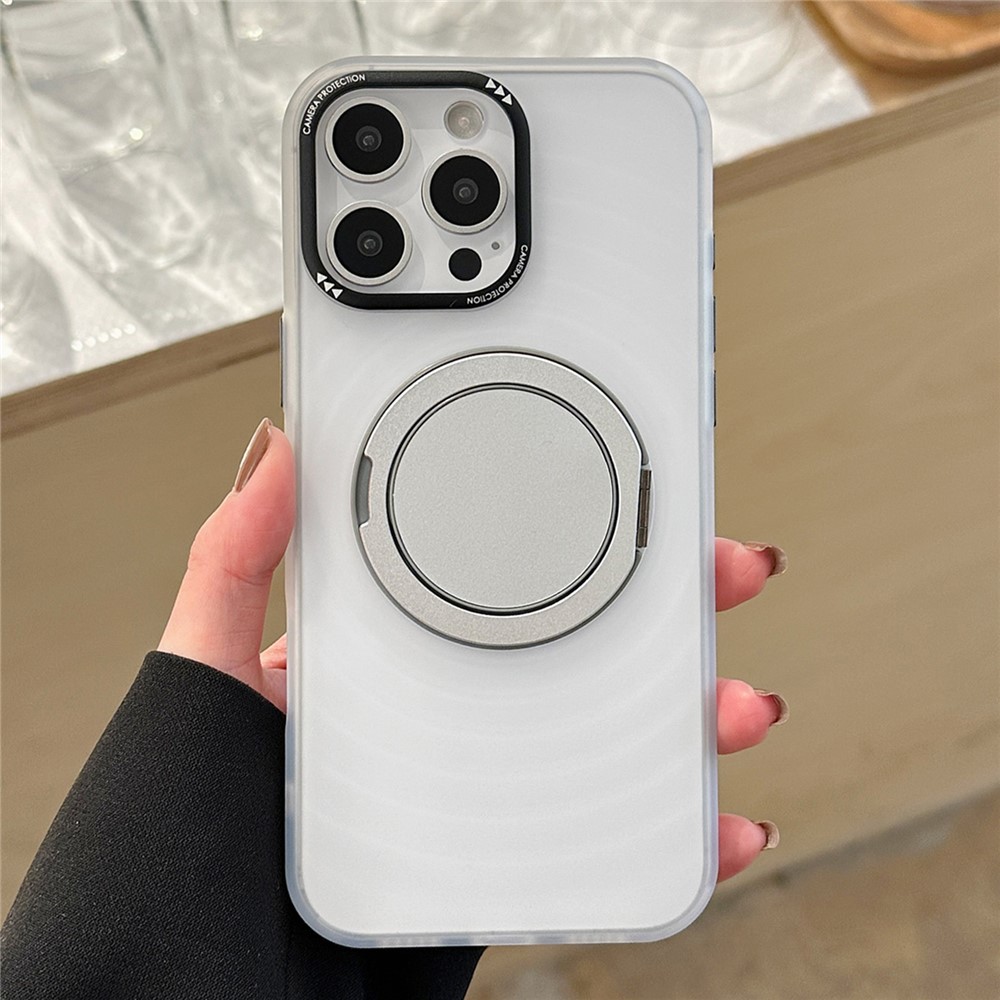 For iPhone 16 Pro Max Magnetic Case Rotating Kickstand Ripple Texture TPU + PC Phone Cover - Matte White