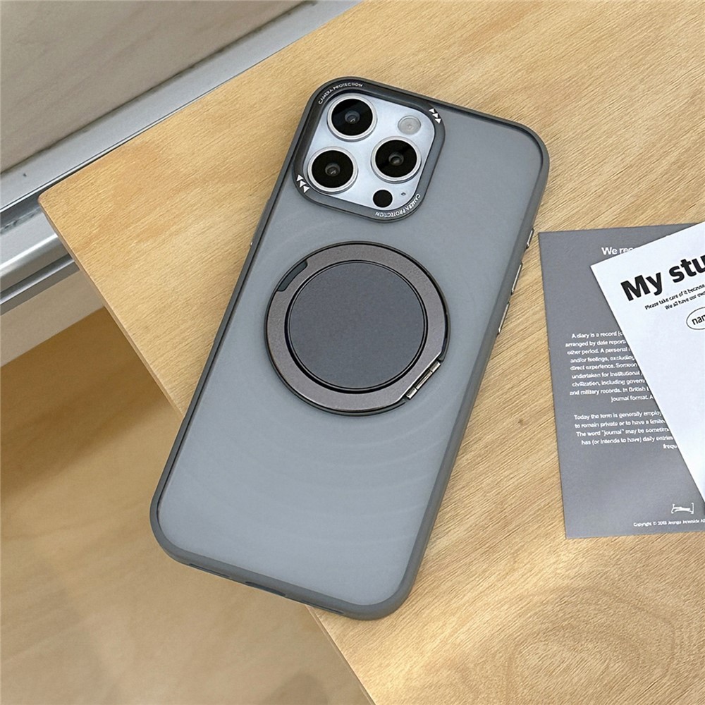 For iPhone 16 Pro Max Magnetic Case Rotating Kickstand Ripple Texture TPU + PC Phone Cover - Titanium Grey