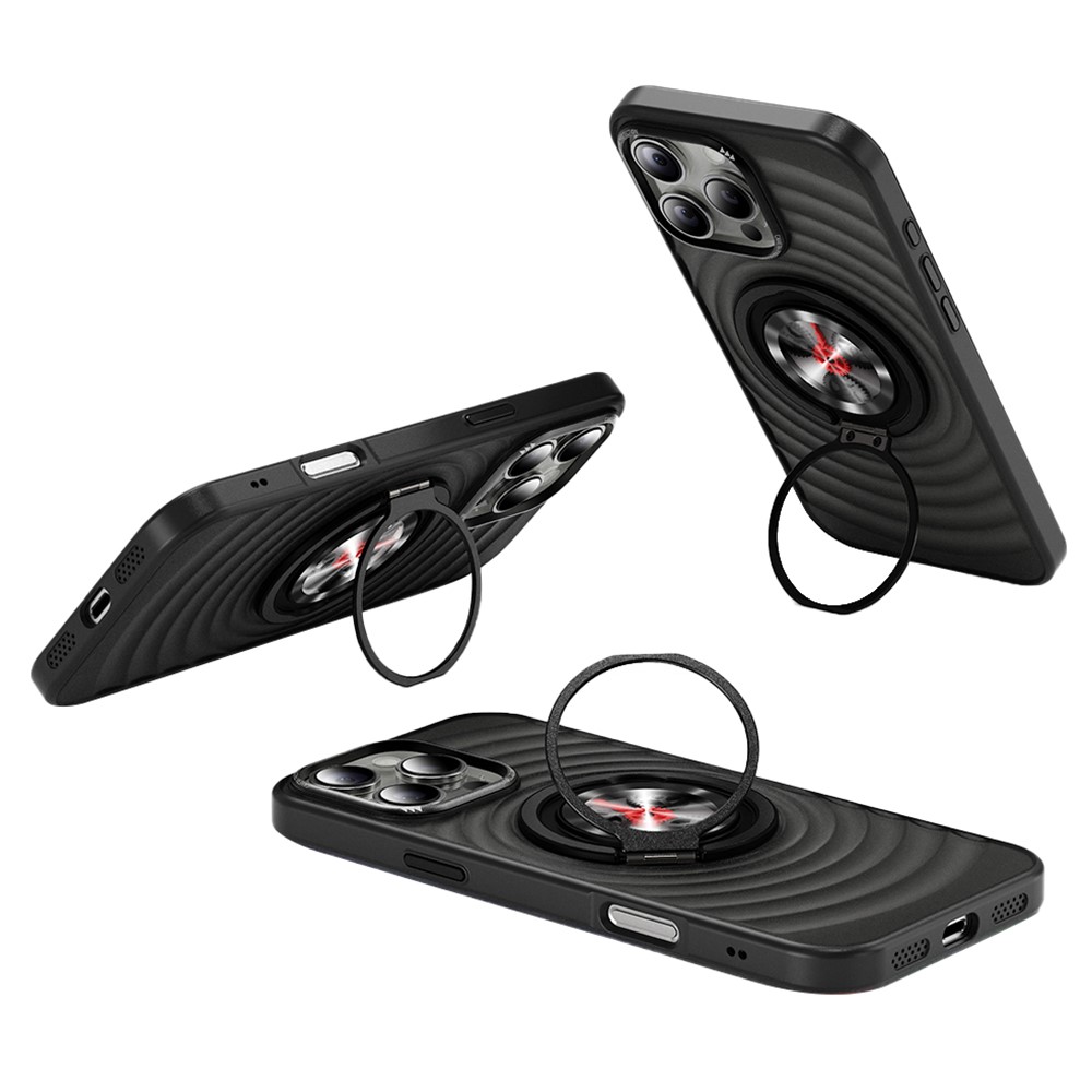 For iPhone 16 Pro Max Magnetic Case Gear Design Rotating Kickstand Ripple Texture TPU + PC Phone Cover - Black