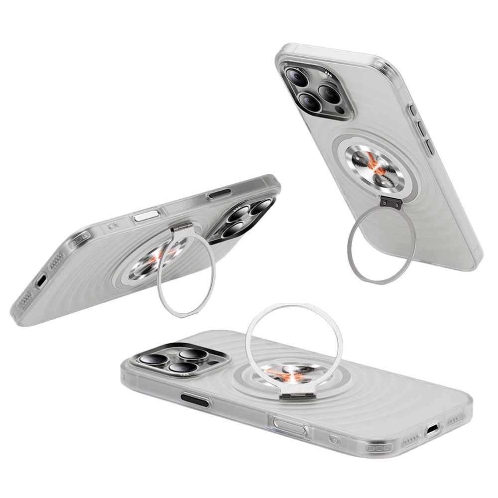 For iPhone 16 Pro Max Magnetic Case Gear Design Rotating Kickstand Ripple Texture TPU + PC Phone Cover - Transparent