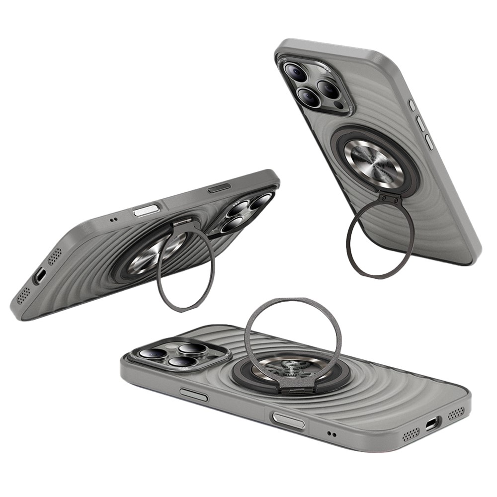 For iPhone 16 Pro Max Magnetic Case Gear Design Rotating Kickstand Ripple Texture TPU + PC Phone Cover - Grey