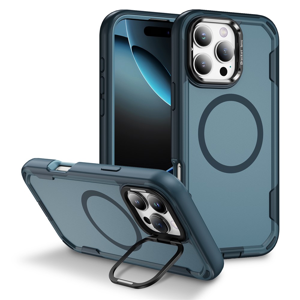 For iPhone 16 Pro Max Case Compatible with MagSafe Lens Frame Kickstand TPU + PC Shockproof Phone Cover - Sapphire + Blue