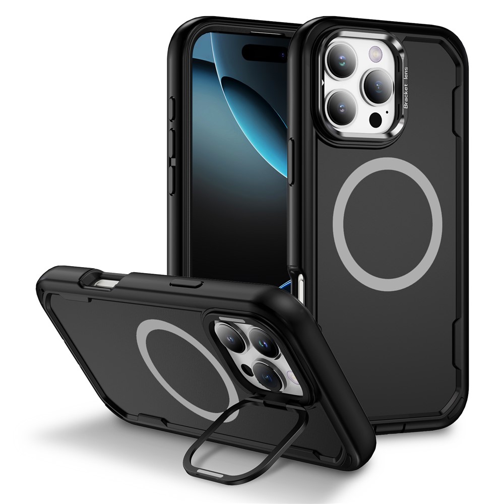 For iPhone 16 Pro Max Case Compatible with MagSafe Lens Frame Kickstand TPU + PC Shockproof Phone Cover - Black + Black
