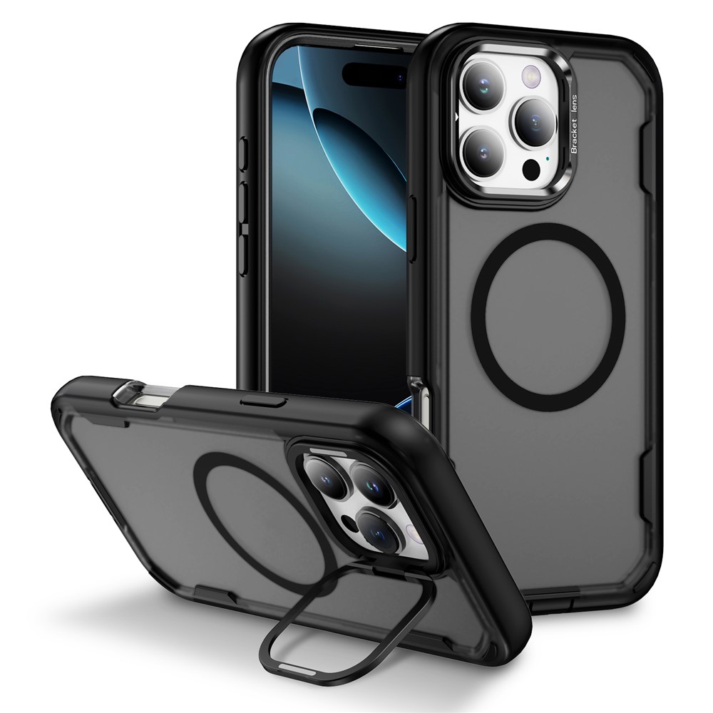 For iPhone 16 Pro Max Case Compatible with MagSafe Lens Frame Kickstand TPU + PC Shockproof Phone Cover - Black + Transparent Grey