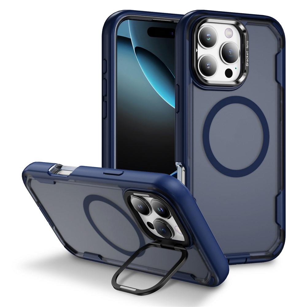 For iPhone 16 Pro Max Case Compatible with MagSafe Lens Frame Kickstand TPU + PC Shockproof Phone Cover - Blue + Transparent Blue