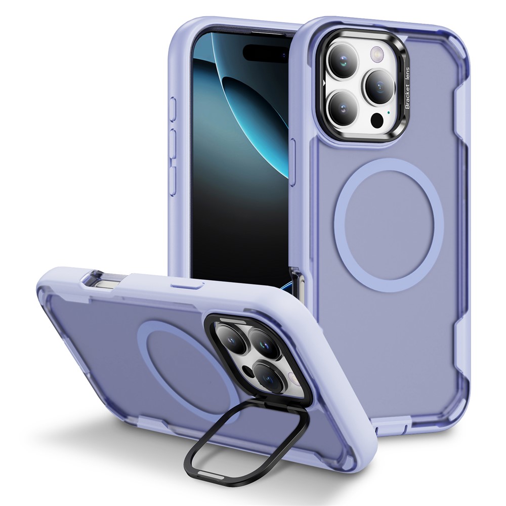 For iPhone 16 Pro Max Case Compatible with MagSafe Lens Frame Kickstand TPU + PC Shockproof Phone Cover - Light Purple + Transparent Purple