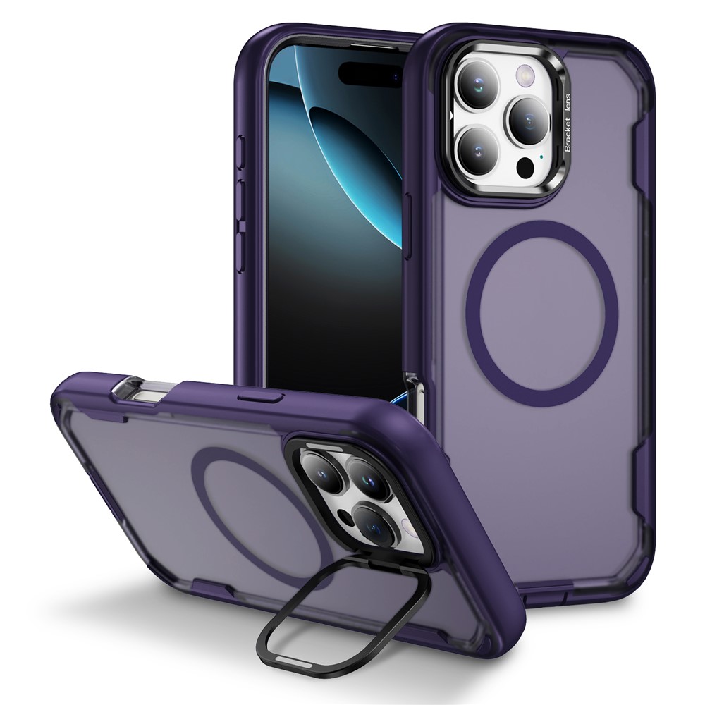For iPhone 16 Pro Max Case Compatible with MagSafe Lens Frame Kickstand TPU + PC Shockproof Phone Cover - Purple + Bright Purple