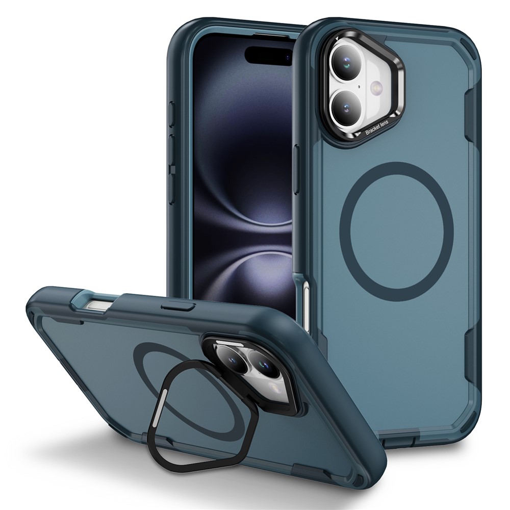 For iPhone 16 Plus Case Compatible with MagSafe Lens Frame Kickstand TPU + PC Shockproof Phone Cover - Sapphire + Blue