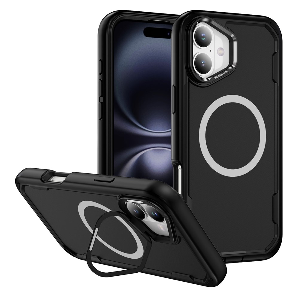 For iPhone 16 Plus Case Compatible with MagSafe Lens Frame Kickstand TPU + PC Shockproof Phone Cover - Black + Black