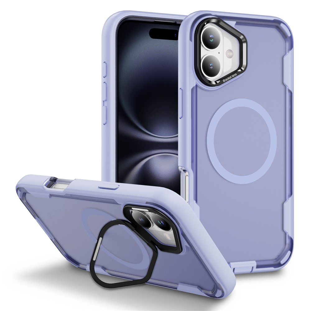 For iPhone 16 Plus Case Compatible with MagSafe Lens Frame Kickstand TPU + PC Shockproof Phone Cover - Light Purple + Transparent Purple