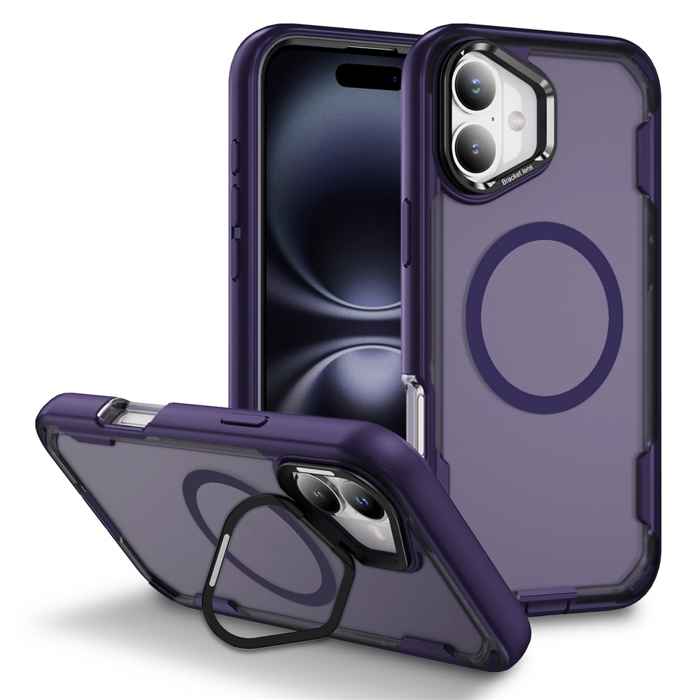 For iPhone 16 Plus Case Compatible with MagSafe Lens Frame Kickstand TPU + PC Shockproof Phone Cover - Purple + Bright Purple