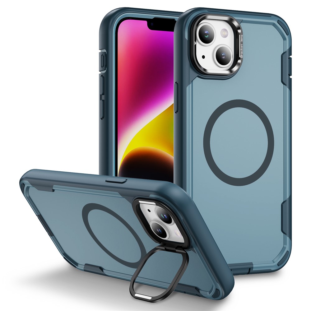 For iPhone 15 Plus / 14 Plus Case Compatible with MagSafe Lens Frame Kickstand TPU + PC Shockproof Phone Cover - Sapphire + Blue