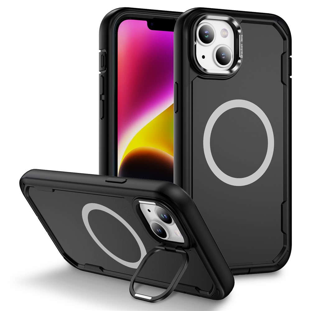 For iPhone 15 Plus / 14 Plus Case Compatible with MagSafe Lens Frame Kickstand TPU + PC Shockproof Phone Cover - Black + Black