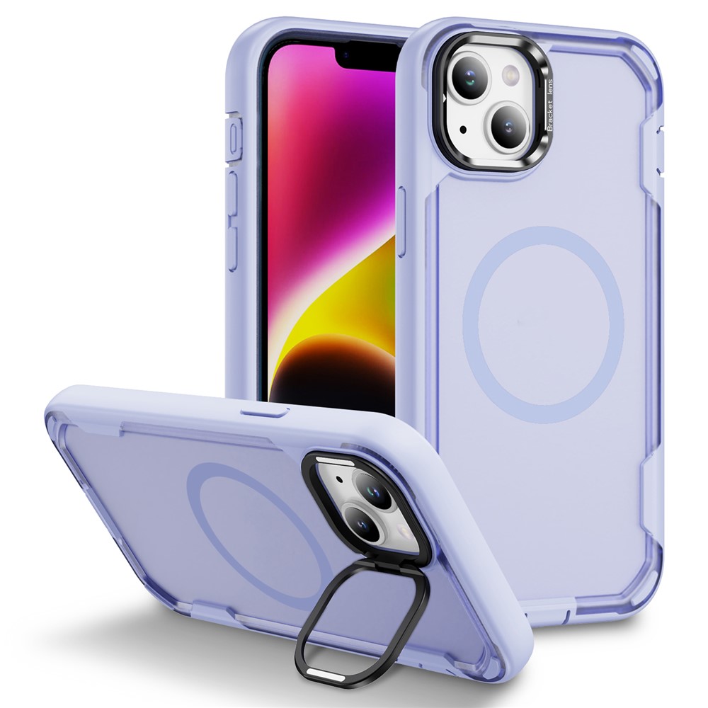 For iPhone 15 Plus / 14 Plus Case Compatible with MagSafe Lens Frame Kickstand TPU + PC Shockproof Phone Cover - Light Purple + Transparent Purple