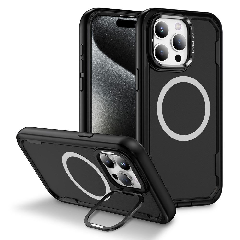 For iPhone 15 Pro Max Case Compatible with MagSafe Lens Frame Kickstand TPU + PC Shockproof Phone Cover - Black + Black